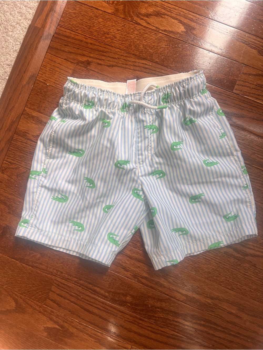 Cat & Jack Blue and White Striped Swim Trunks with Green Crocodile Print